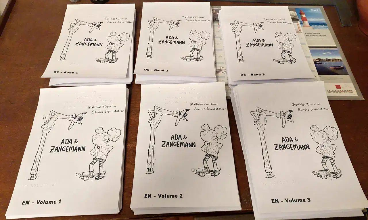 The 6 volumes of the Ada & Zangemann English and German version